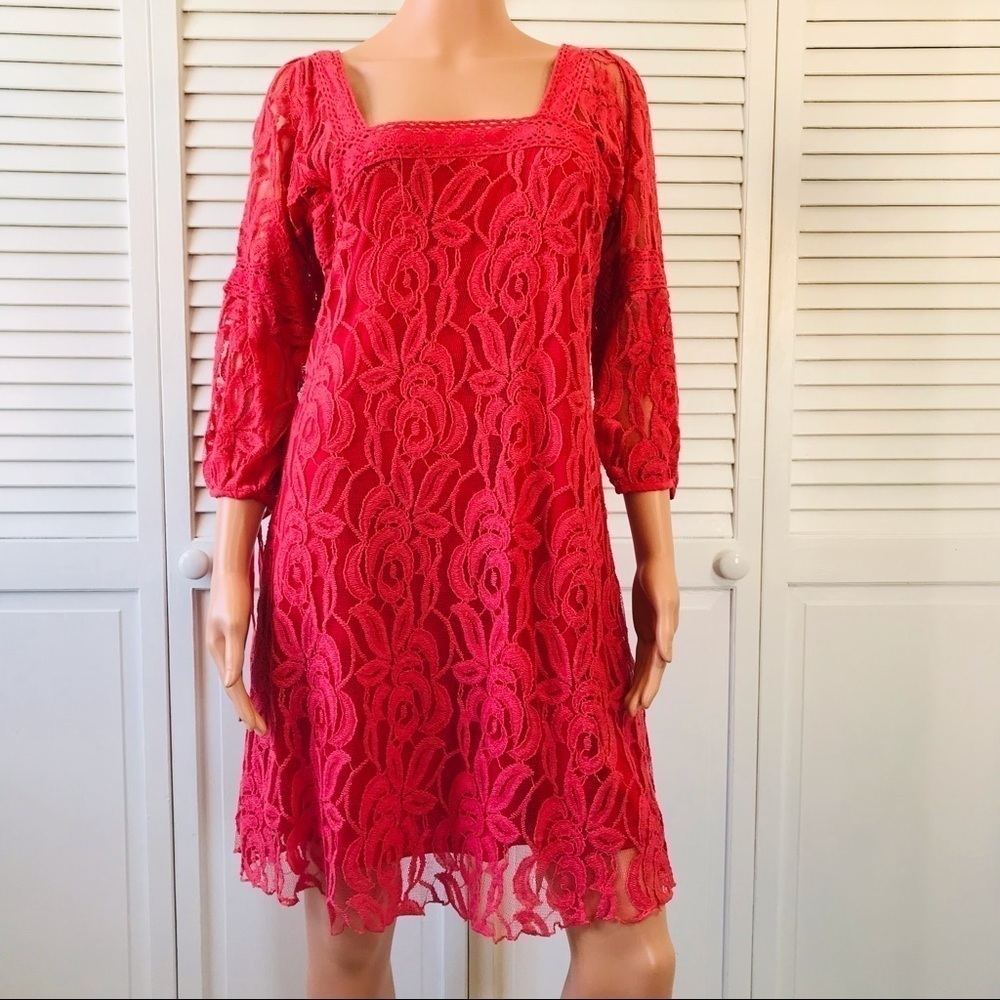 2/$25 SOLITAIRE By Ravi Khosla Coral Pink Lace Square Neck Dress Size Medium